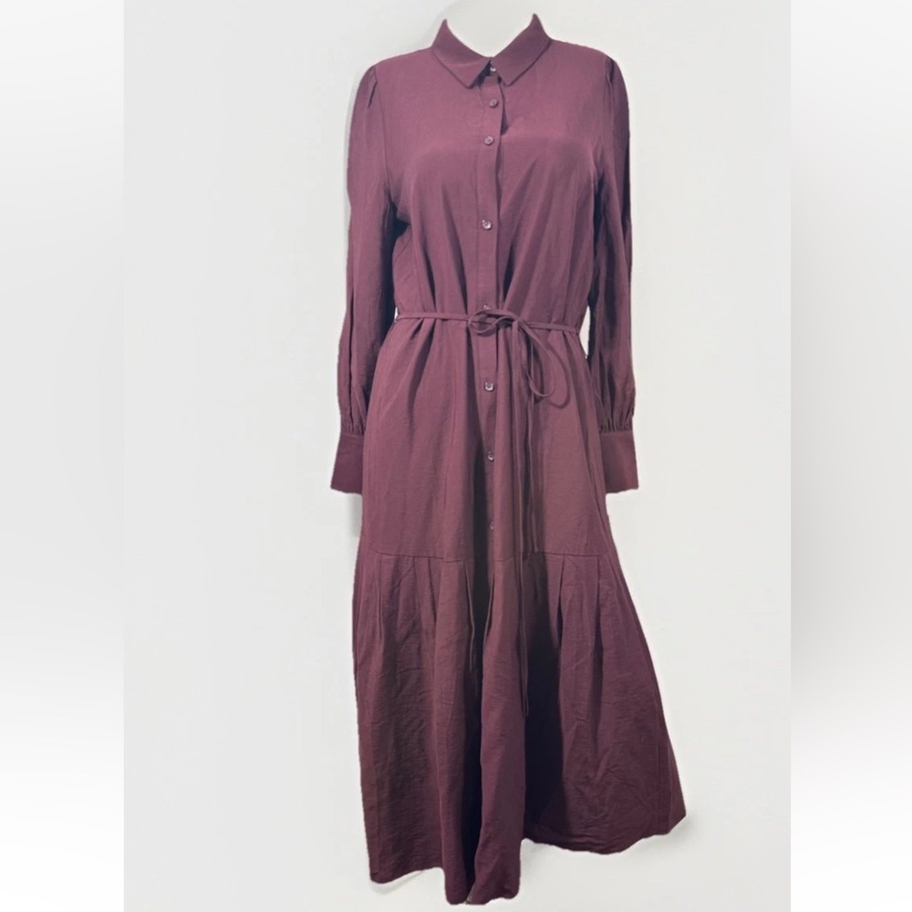Loft Sz 6 Women's Red Burgundy Tiered Shirtdress Long Sleeve Button Front Rayon